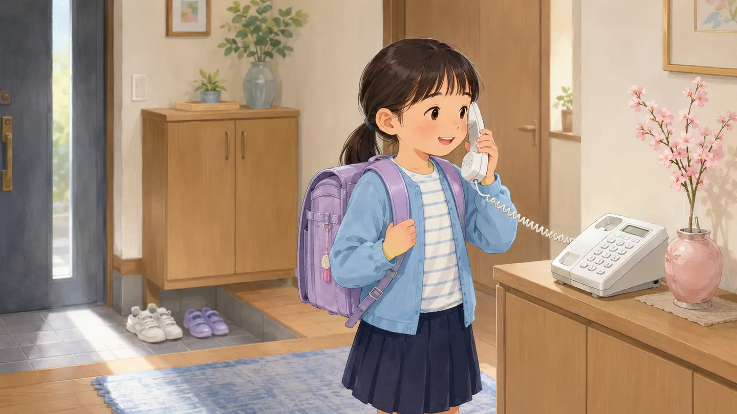 帰宅後、家庭の固定電話で保護者へ連絡する小学生のイラスト