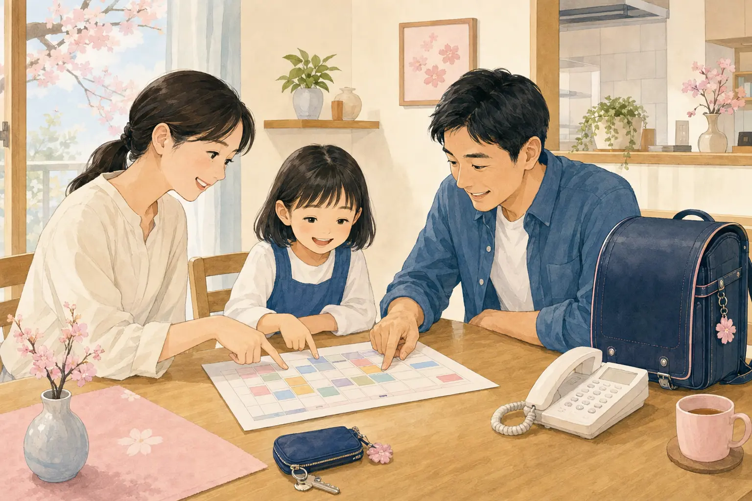 親子で小学校入学後の一週間の予定を確認する様子