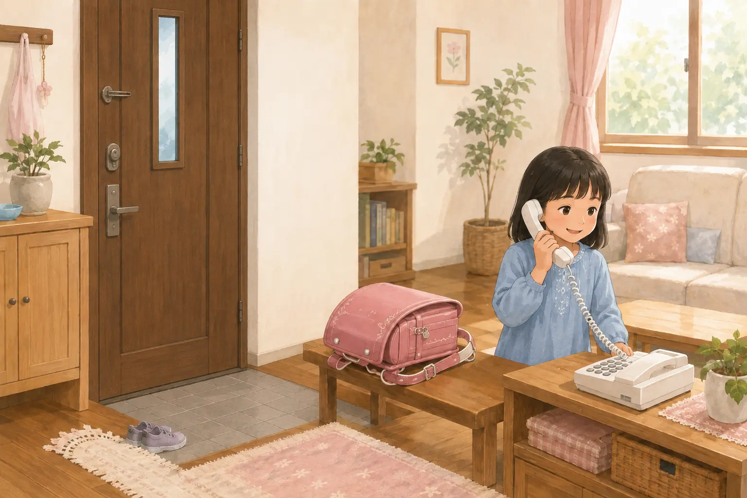 帰宅して施錠し、固定電話で保護者へ連絡する小学生